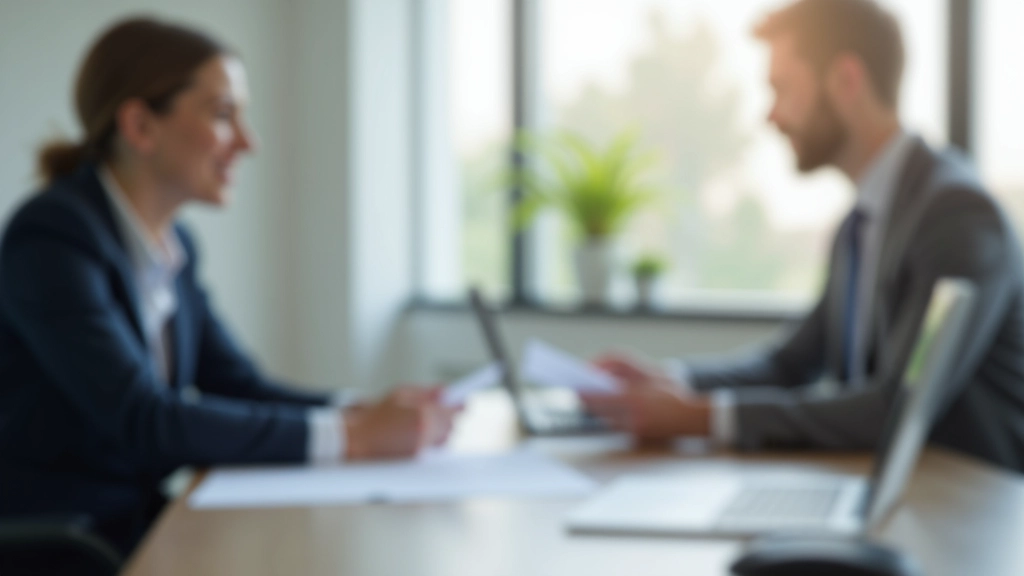 Geschäftsbesprechung mit zwei Personen in modernem Konferenzzimmer, professionelle Atmosphäre