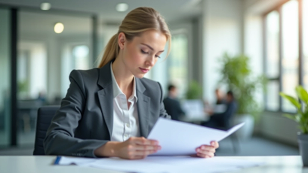 Geschäftsfrau in modernem Büro beim Betrachten von Geschäftsunterlagen und Grafiken auf dem Schreibtisch