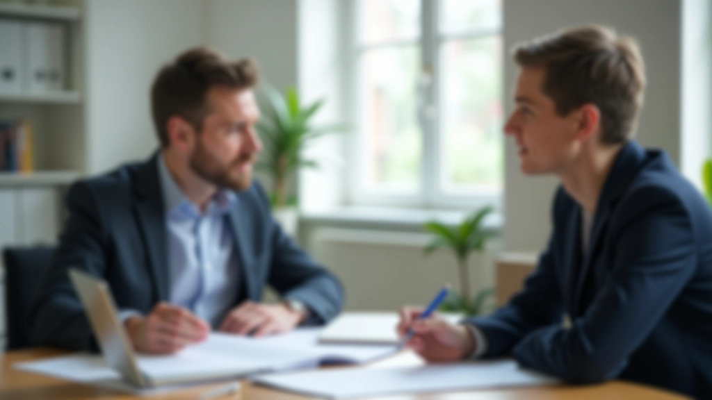 Beratungsgespräch zwischen Geschäftsführer und Berater an Schreibtisch mit Dokumenten und Laptop