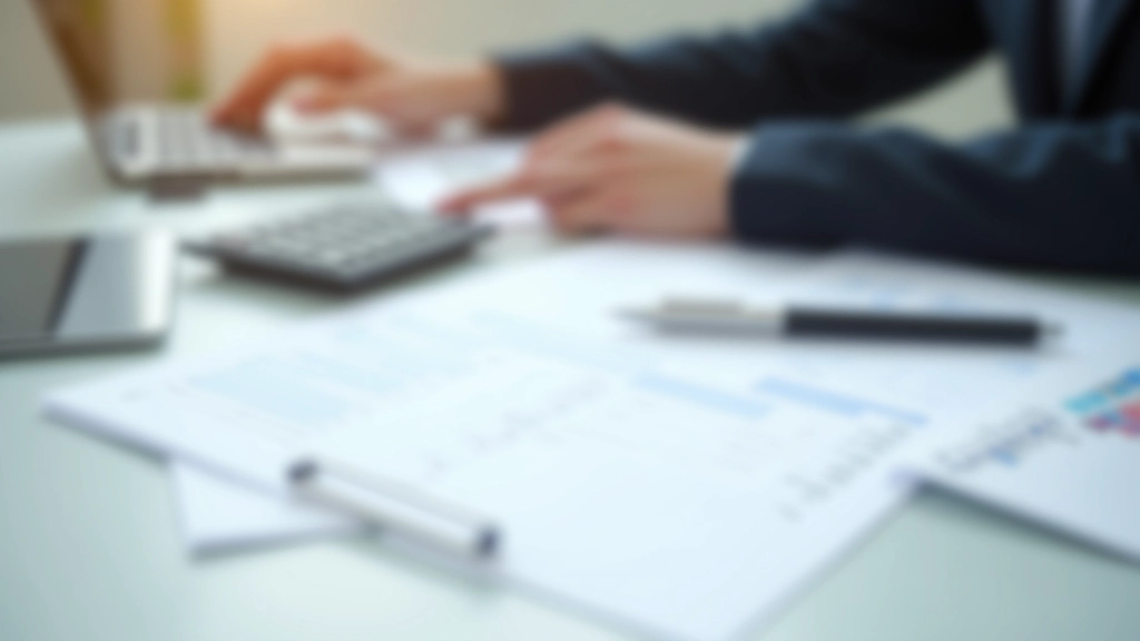 Finanzielle Dokumente, Taschenrechner und Stift auf einem Schreibtisch mit Organisationssystem