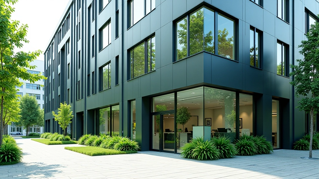 Modernes Bürogebäude mit grünen Pflanzen und professionellem Arbeitsplatz