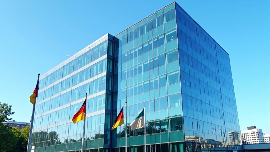 Modernes Bürogebäude mit Glasfassade und deutschen Flaggen vor blauem Himmel