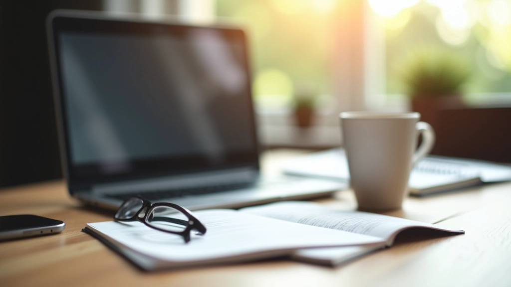 Büroumgebung mit Laptop, Notizbuch und Tasse Kaffee auf Schreibtisch