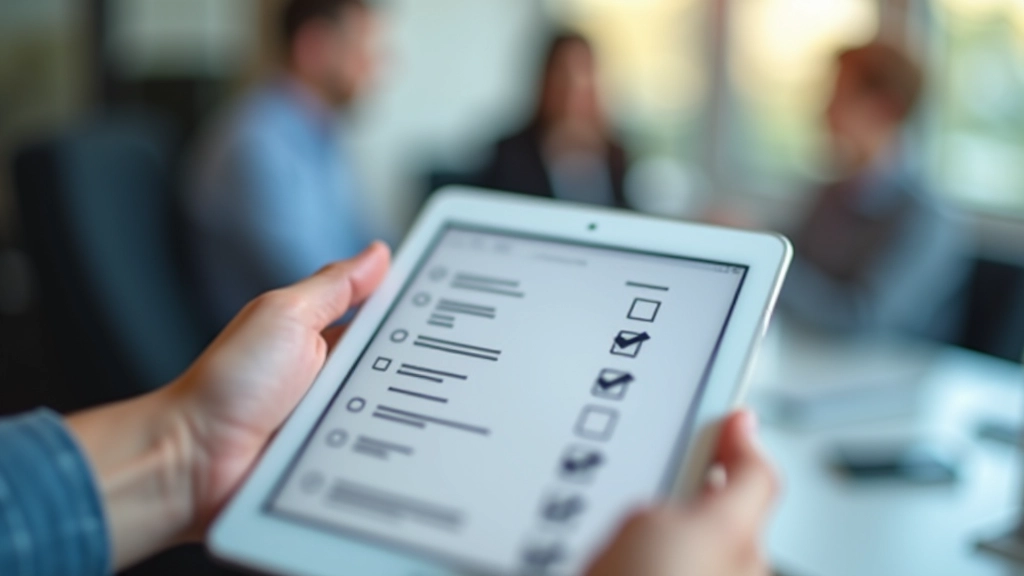 Checkliste mit Häkchen auf einem Tablet mit Business-Umgebung im Hintergrund