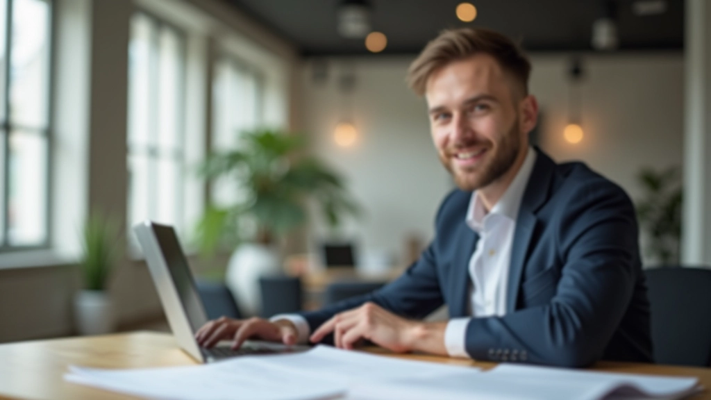 Jungunternehmer sitzt am Schreibtisch mit Gründungspapieren und Laptop